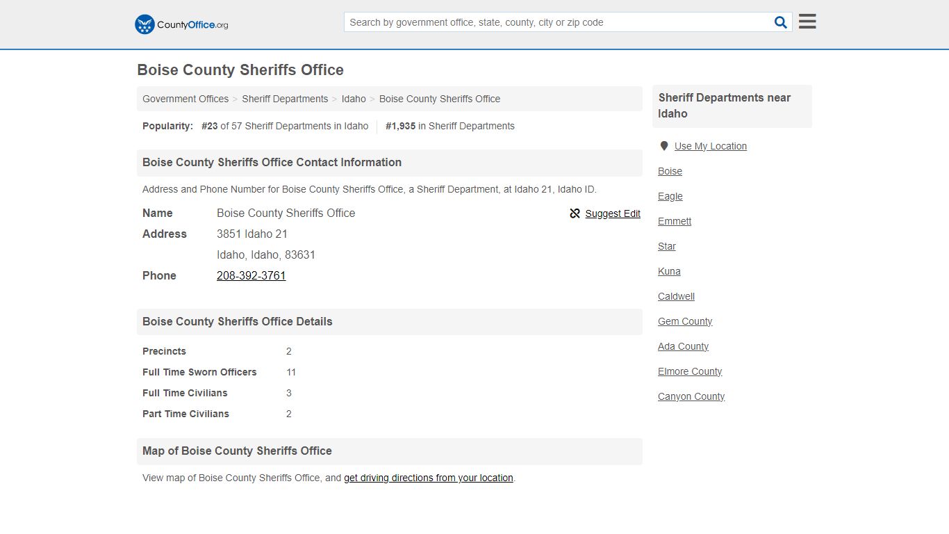 Boise County Sheriffs Office - Idaho, ID (Address and Phone)