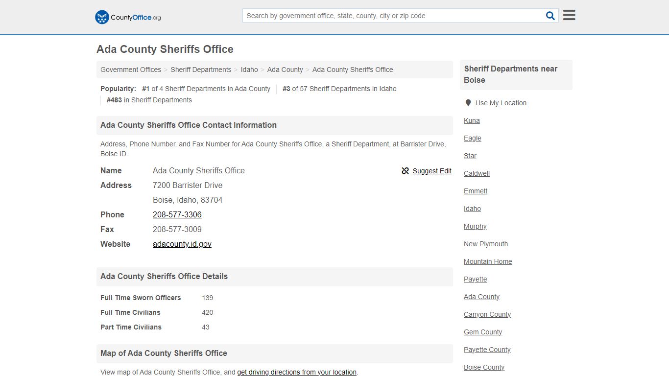Ada County Sheriffs Office - Boise, ID (Address, Phone, and Fax)